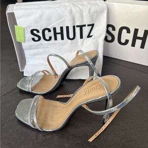 SCHUTZ Metallic Silver Strappy Heels